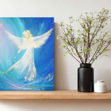 Lichtvoller Engel auf Leinwand "Auf Deinem Weg begleitet" - ein Engelbild, das behütet und stärkt