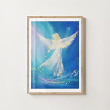 Himmlisches Engel Poster in Blautönen "Auf Deinem Weg begleitet" voller Licht und Zuversicht