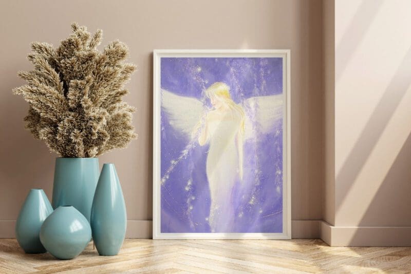 Verträumtes Engel Poster "Aus einem Traum" Gefühlvolles Schutzengelbild in zarten Lila Tönen – Bild 7