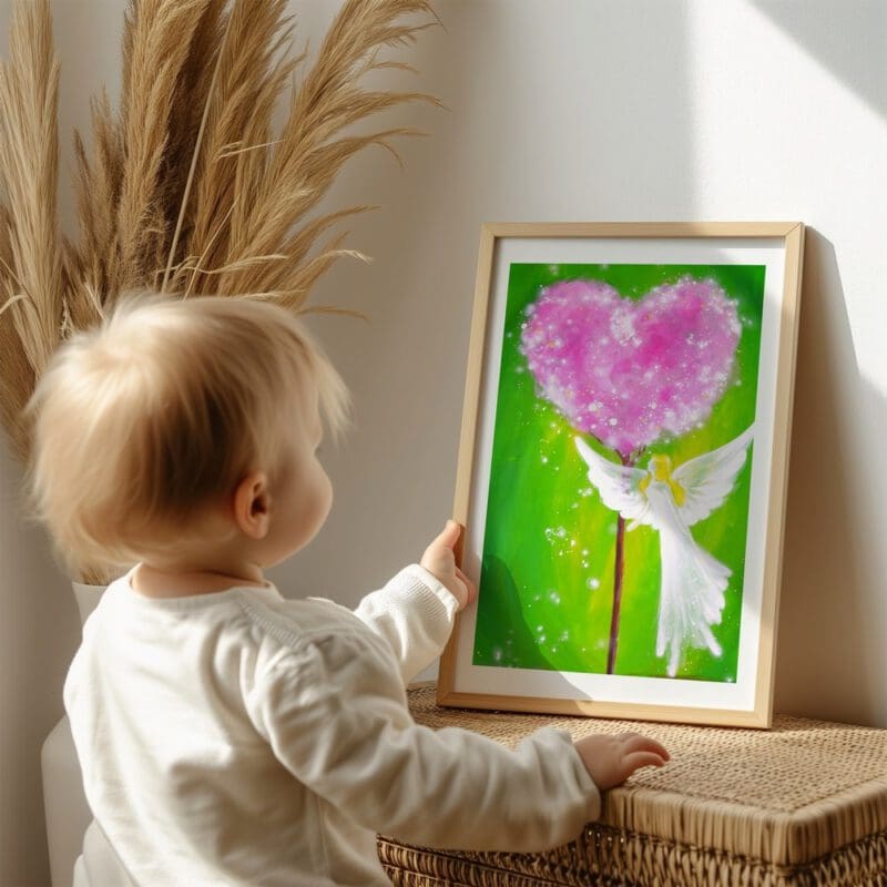 Zauberhaftes Engel Poster "Berührt durch Liebe" in leuchtenden Farben - hoffnungsvolles Schutzengelbild in Grünen Tönen – Bild 7