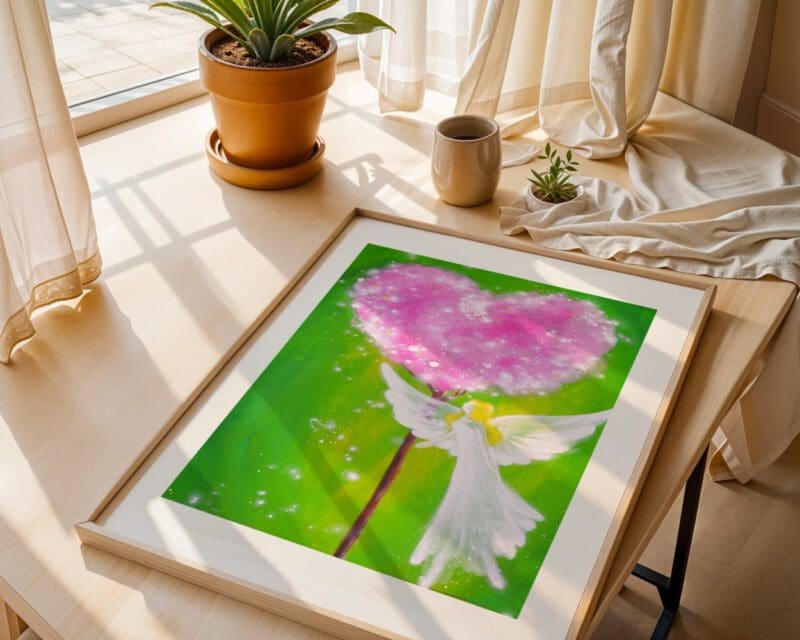 Zauberhaftes Engel Poster "Berührt durch Liebe" in leuchtenden Farben - hoffnungsvolles Schutzengelbild in Grünen Tönen – Bild 11