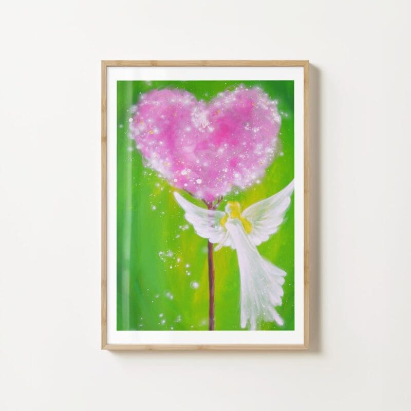 Zauberhaftes Engel Poster "Berührt durch Liebe" in leuchtenden Farben - hoffnungsvolles Schutzengelbild in Grünen Tönen