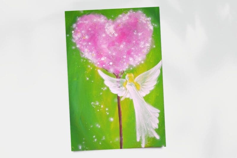 Zauberhaftes Engel Poster "Berührt durch Liebe" in leuchtenden Farben - hoffnungsvolles Schutzengelbild in Grünen Tönen – Bild 3