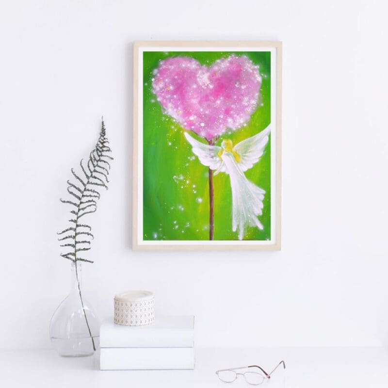 Zauberhaftes Engel Poster "Berührt durch Liebe" in leuchtenden Farben - hoffnungsvolles Schutzengelbild in Grünen Tönen – Bild 5
