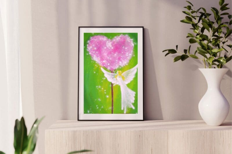 Zauberhaftes Engel Poster "Berührt durch Liebe" in leuchtenden Farben - hoffnungsvolles Schutzengelbild in Grünen Tönen – Bild 4