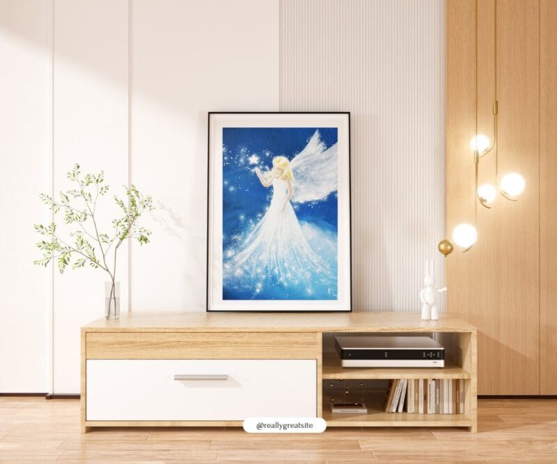 Strahlendes Engelbild in Blau „Berührung der Sterne“ Stärkendes Engel Poster mit leuchtenden Sternen – Bild 6