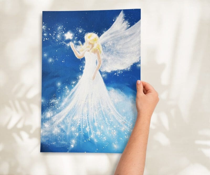 Strahlendes Engelbild in Blau „Berührung der Sterne“ Stärkendes Engel Poster mit leuchtenden Sternen – Bild 11
