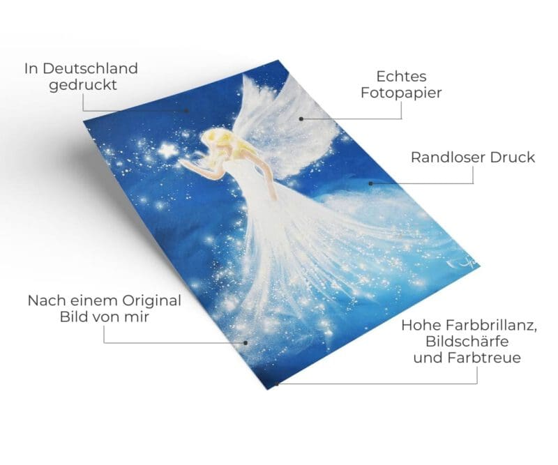 Strahlendes Engelbild in Blau „Berührung der Sterne“ Stärkendes Engel Poster mit leuchtenden Sternen – Bild 2