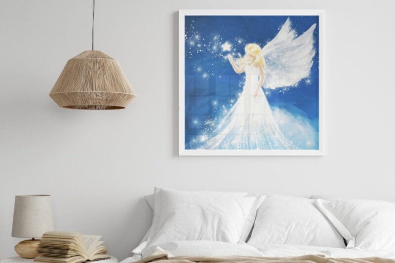 Strahlendes Engelbild in Blau „Berührung der Sterne“ Stärkendes Engel Poster mit leuchtenden Sternen – Bild 16