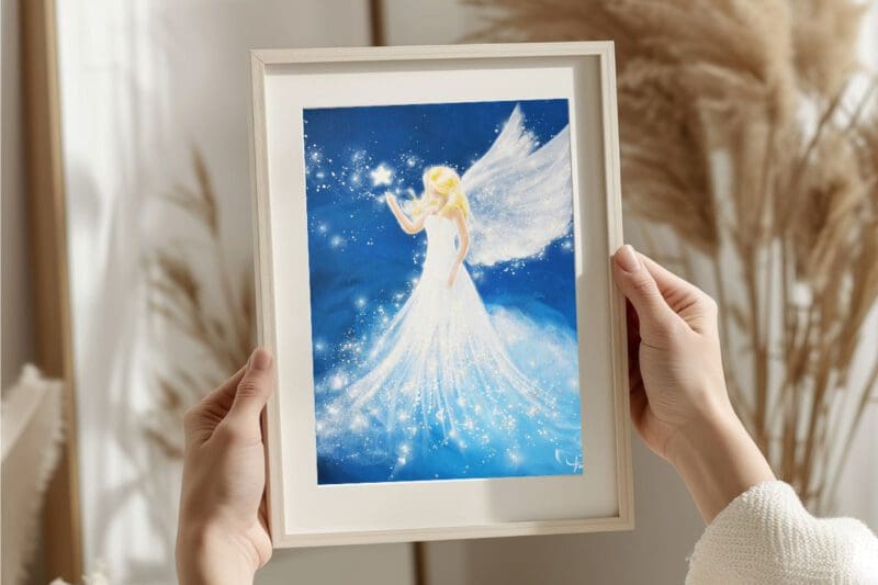 Strahlendes Engelbild in Blau „Berührung der Sterne“ Stärkendes Engel Poster mit leuchtenden Sternen – Bild 4