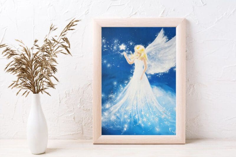 Strahlendes Engelbild in Blau „Berührung der Sterne“ Stärkendes Engel Poster mit leuchtenden Sternen – Bild 15