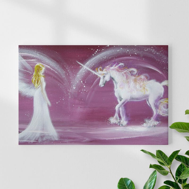 Engel Leinwanddruck "Berührung des Herzens" Engelbild mit Einhorn