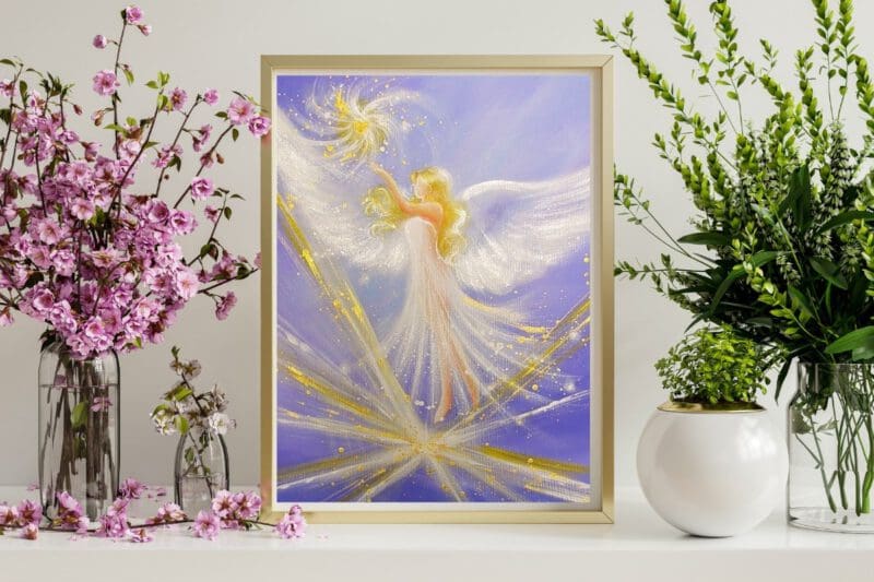 Engel Poster in lila: "Der Weg der Liebe" Spirituelles gefühlvolles Schutzengelbild