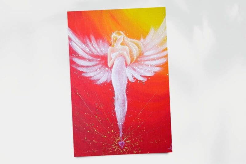 Engel Poster in Rot Orange Tönen "Durch das Herz verbunden" Strahlendes und gefühlvolles Schutzengelbild – Bild 2