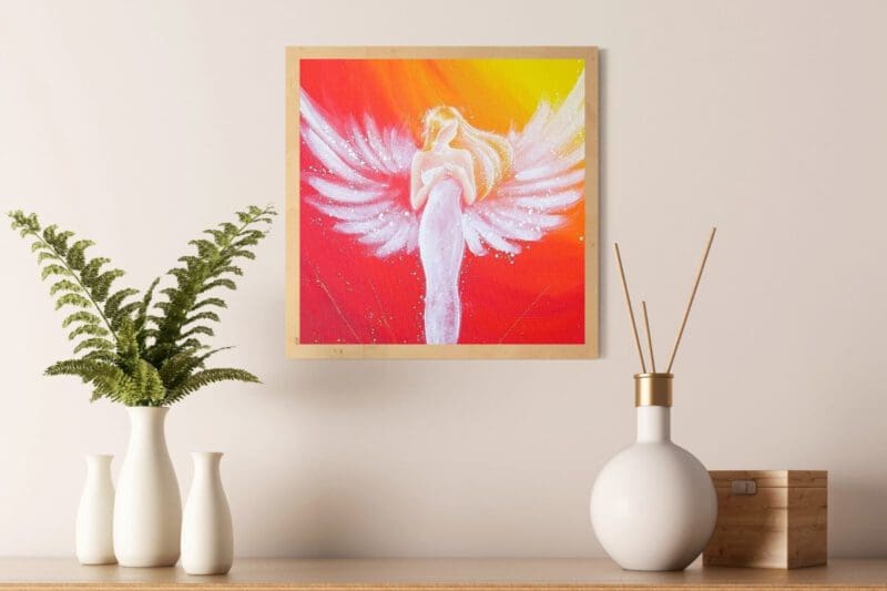 Engel Poster in Rot Orange Tönen "Durch das Herz verbunden" Strahlendes und gefühlvolles Schutzengelbild – Bild 3