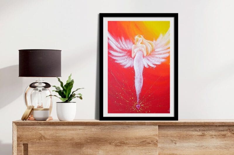 Engel Poster in Rot Orange Tönen "Durch das Herz verbunden" Strahlendes und gefühlvolles Schutzengelbild – Bild 4