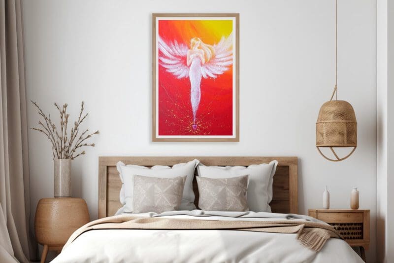Engel Poster in Rot Orange Tönen "Durch das Herz verbunden" Strahlendes und gefühlvolles Schutzengelbild – Bild 5