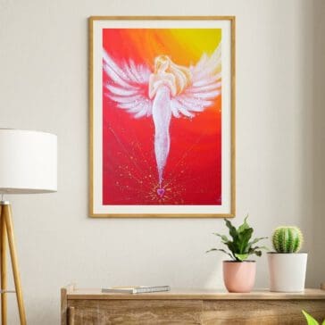 Engel Poster in Rot Orange Tönen "Durch das Herz verbunden" Strahlendes und gefühlvolles Schutzengelbild