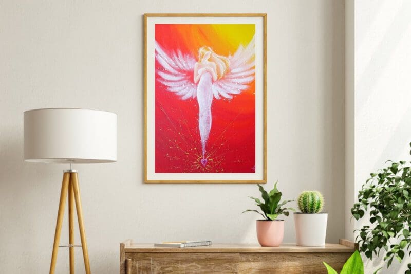 Engel Poster in Rot Orange Tönen "Durch das Herz verbunden" Strahlendes und gefühlvolles Schutzengelbild