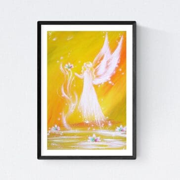 Hochglanz Engel Kunstfoto: "Glück im Herzen" 20x30 cm - Engelbild, Wandbild in Gelb