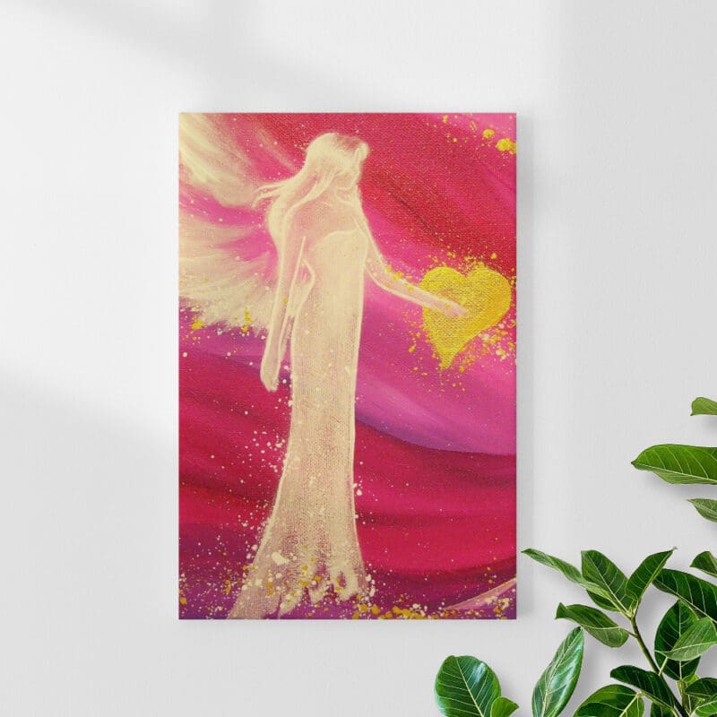 Schutzengel Bild "Liebe" Engel Leinwanddruck in Pink mit Herz