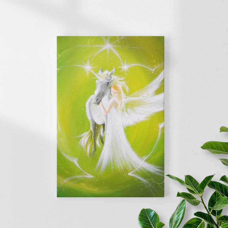 Engel Druck auf Leinwand "Tiefe Freundschaft" Engelbild mit Einhorn