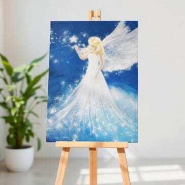 Engel Wandbild "Berührung der Sterne" Schutzengelbild in Blau mit Sternen - zur Taufe, Geburt