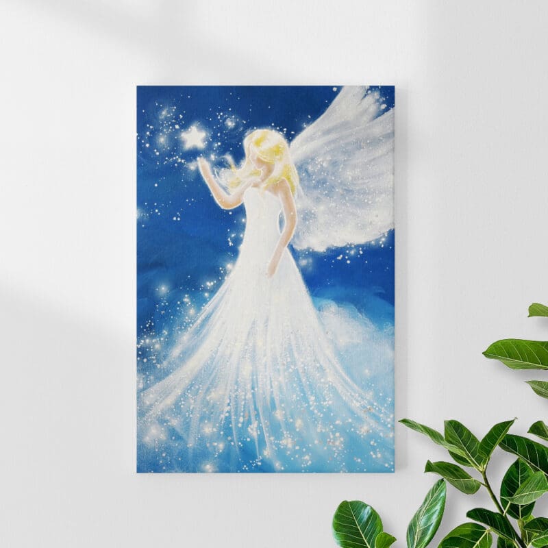 Engel Wandbild "Berührung der Sterne" Wanddeko in Blau mit Sternen
