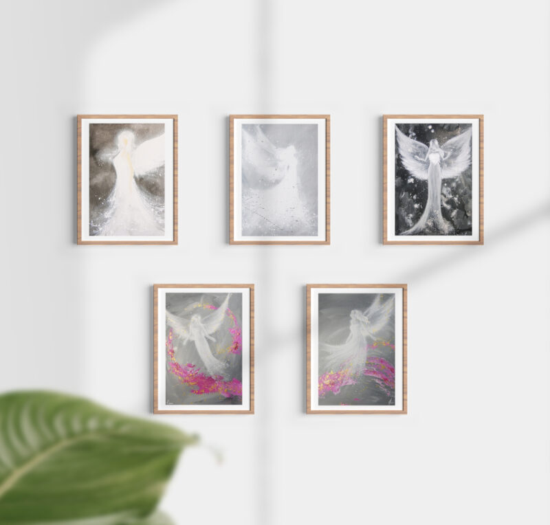 5 Engel Kunstfotos im Set - Spirituelle Engelbilder in Grautönen - Set 2