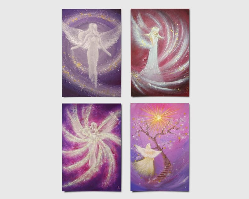 4 Engel Kunstfotos im Set - Spirituelle Engelbilder in lila Tönen - Set 3