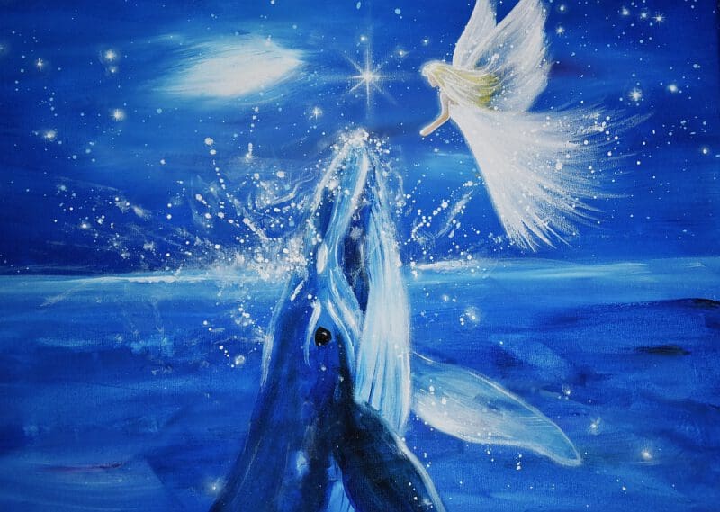 Original Engelbild " Erste Berührung" - Handgemaltes Engel Bild in Acryl mit Wal – Bild 2