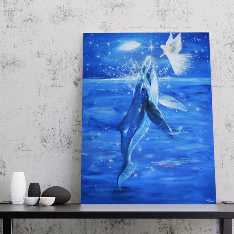 Original Engelbild " Erste Berührung" - Handgemaltes Engel Bild in Acryl mit Wal – Bild 3