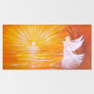 Engelbild "Vom Licht berührt" Leinwanddruck mit Sonnenuntergang - 60x120cm
