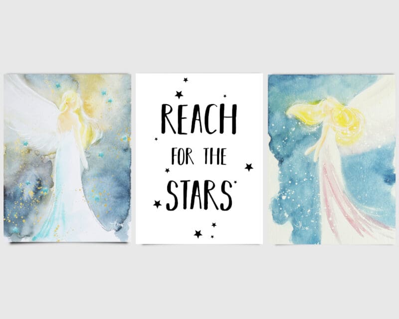Moderne Engel Poster im Set - Reach for the stars - Deko Kunstdrucke für Wohnzimmer, Kinderzimmer, usw.