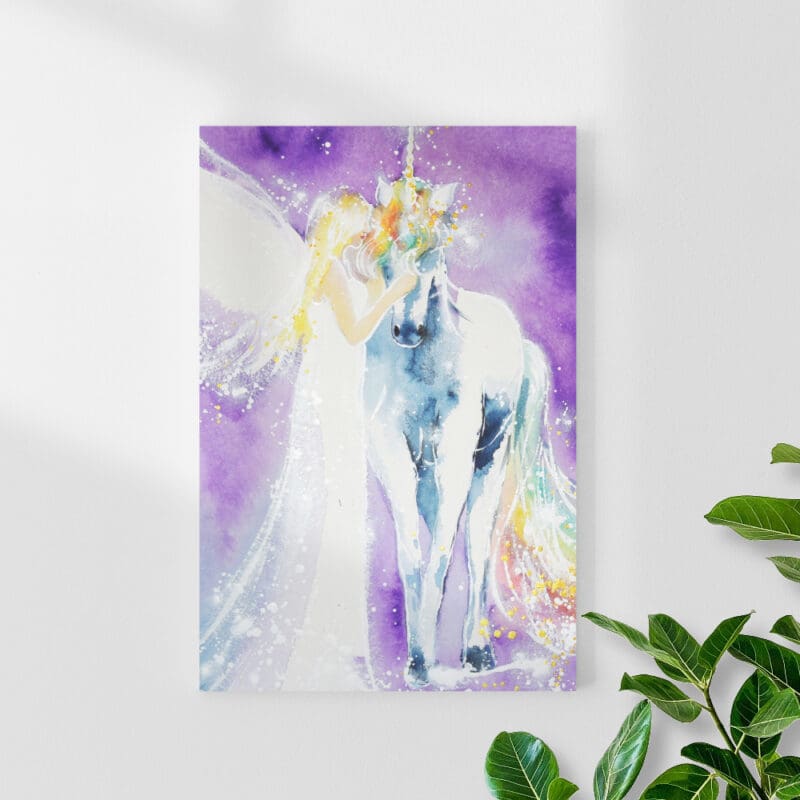 Engel Leinwanddruck mit Einhorn "Vereinte Magie" Wandbild in Lila