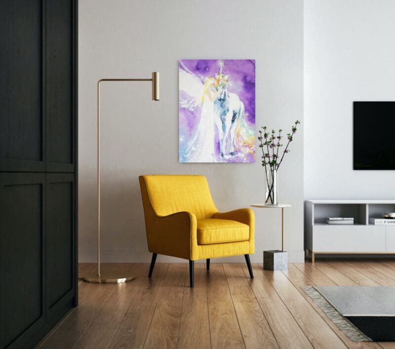 Engel Leinwanddruck mit Einhorn "Vereinte Magie" Wandbild in Lila – Bild 5