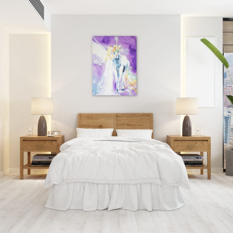 Engel Leinwanddruck mit Einhorn "Vereinte Magie" Wandbild in Lila – Bild 3