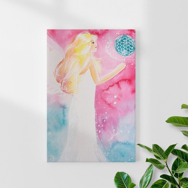 Engel Leinwandbild "Blume des Lebens" Schutzengelbild in Rosa und Blau