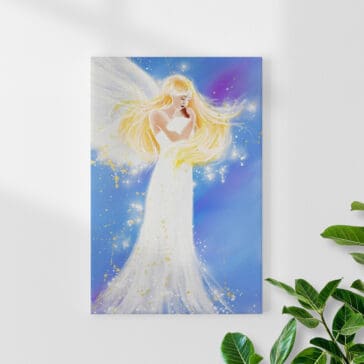 Engel Druck mit Kind "Durch Licht beschützt" Leinwandbild in Blautönen