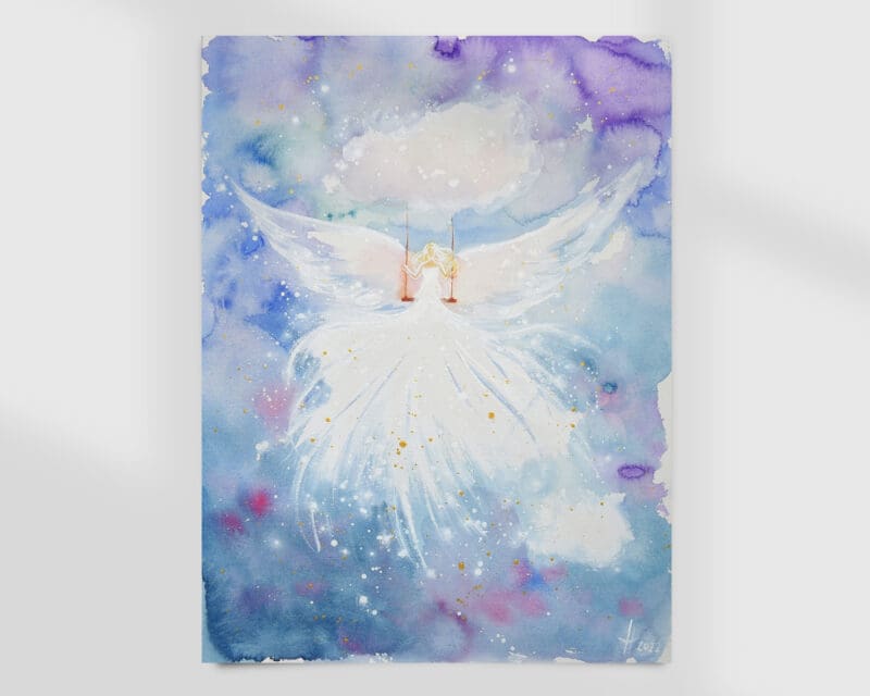 Original Aquarell Engelbild "Wolkenlicht" - Himmlisches Engel Aquarellbild in Blautönen