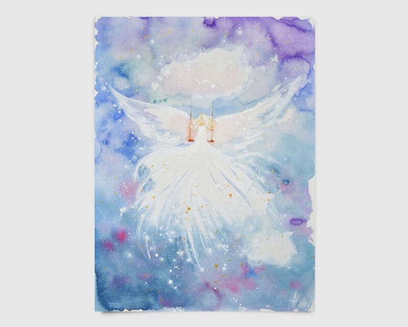 Original Aquarell Engelbild "Wolkenlicht" - Himmlisches Engel Aquarellbild in Blautönen – Bild 2