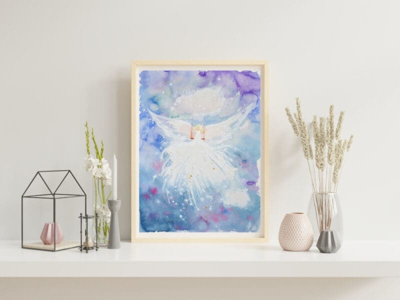 Original Aquarell Engelbild "Wolkenlicht" - Himmlisches Engel Aquarellbild in Blautönen – Bild 4