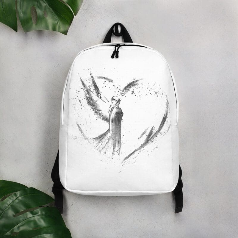 Rucksack mit Engel Motiv, Herz Engelbild in Weiß, Grau, Schwarz