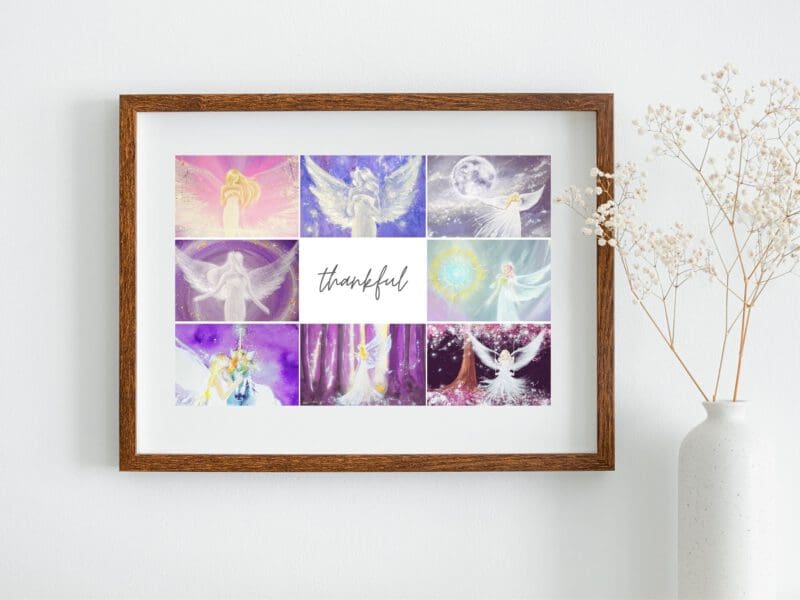 Engelbild Collage "thankful" Bilder in lila Tönen