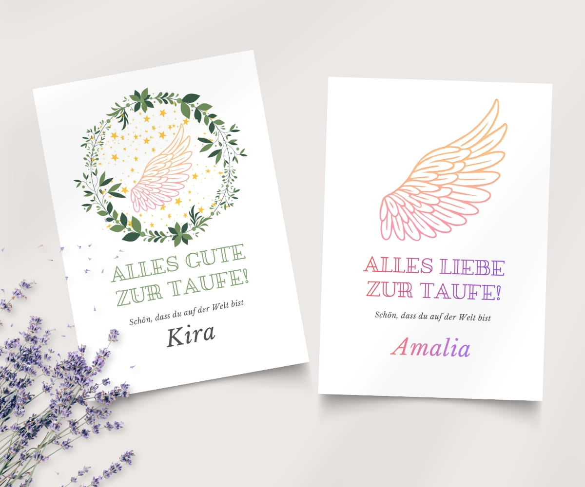 Alles Gute zur Taufe Engel Karte - Taufkarte mit Engelsflügel