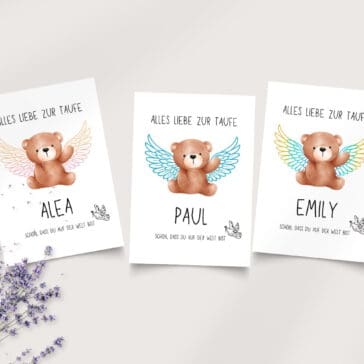Alles Liebe zur Taufe Teddy Engel Karte - Schön, dass du auf der Welt bist