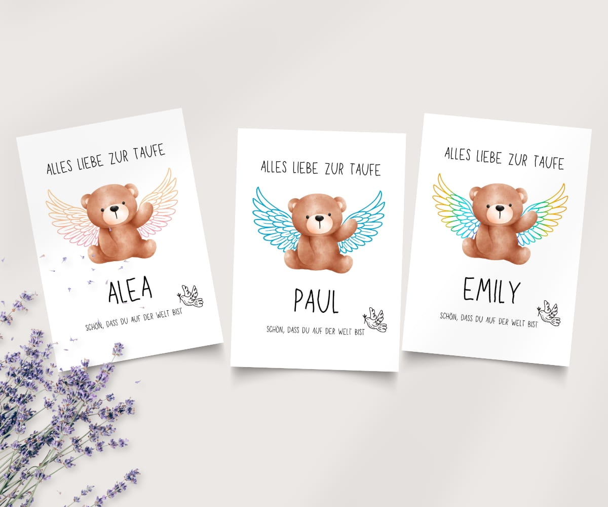 Alles Liebe zur Taufe Teddy Engel Karte - Schön, dass du auf der Welt bist