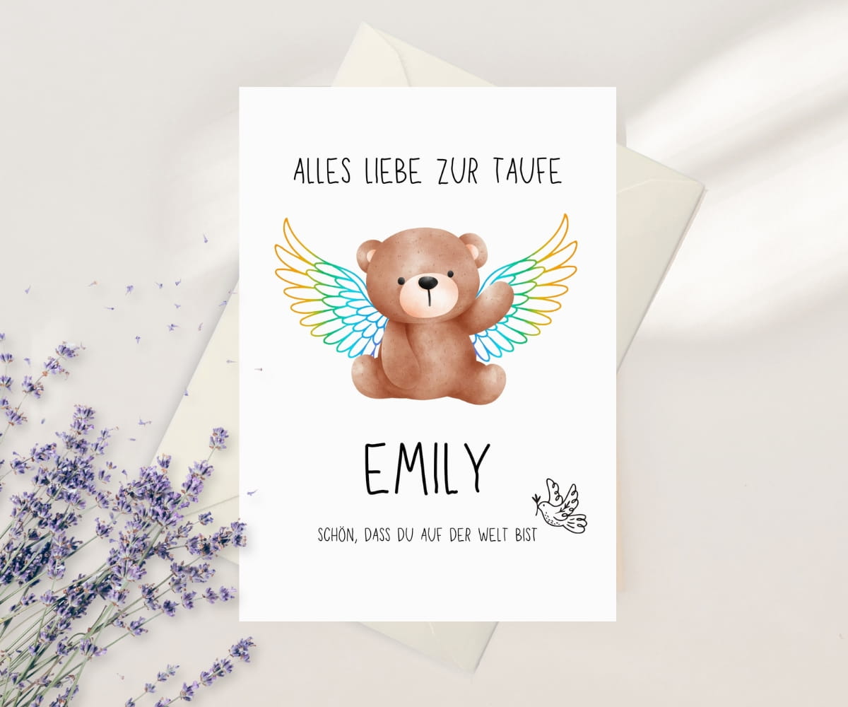 Alles Liebe zur Taufe Teddy Engel Karte - Schön, dass du auf der Welt bist – Bild 4