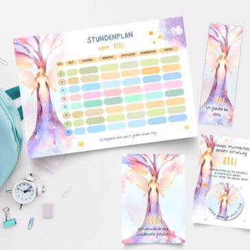Personalisierter Stundenplan zur Einschulung mit Engel - Schulanfangs-Set mit Lesezeichen, Karte & Button