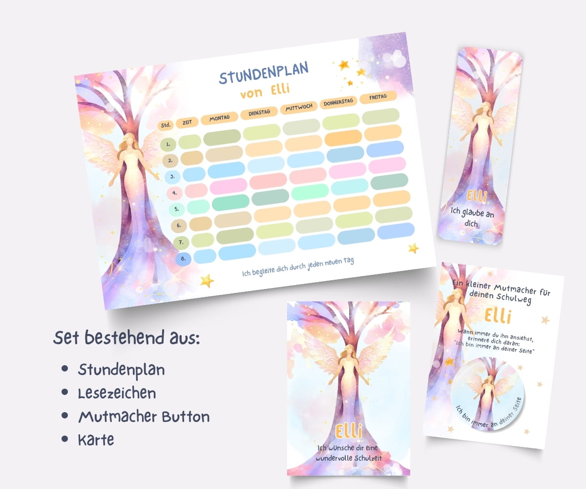 Personalisierter Stundenplan zur Einschulung mit Engel - Schulanfangs-Set mit Lesezeichen, Karte & Button – Bild 2